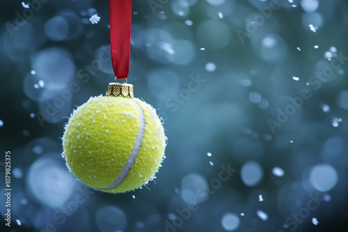 A lime green Christmas ornament in the shape of a tennis ball with a red ribbon hanging. photo