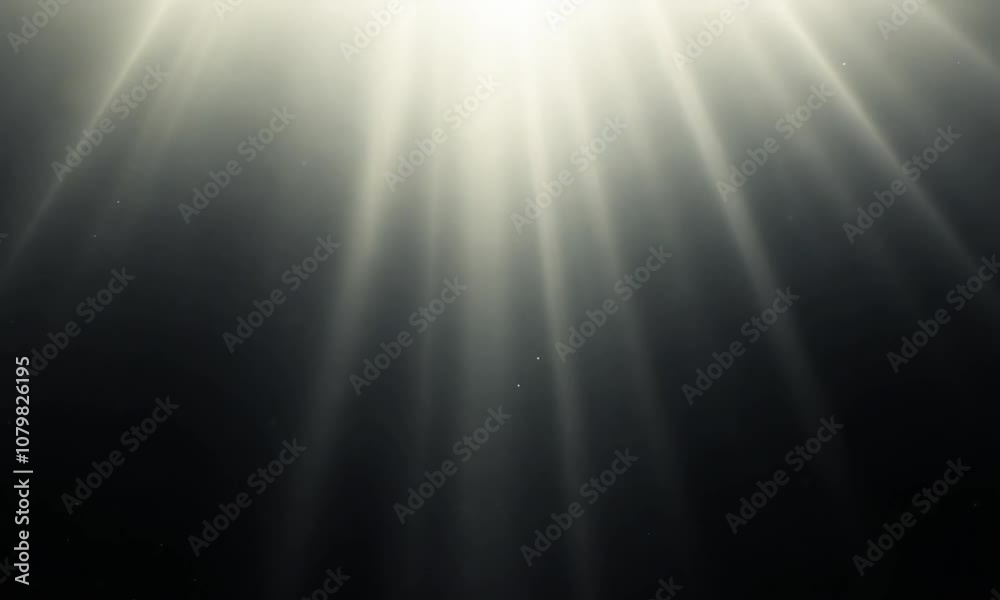 Bright ethereal light beams creating a serene atmosphere with soft glowing particles in a dark background, perfect for depicting tranquility and peace in designs