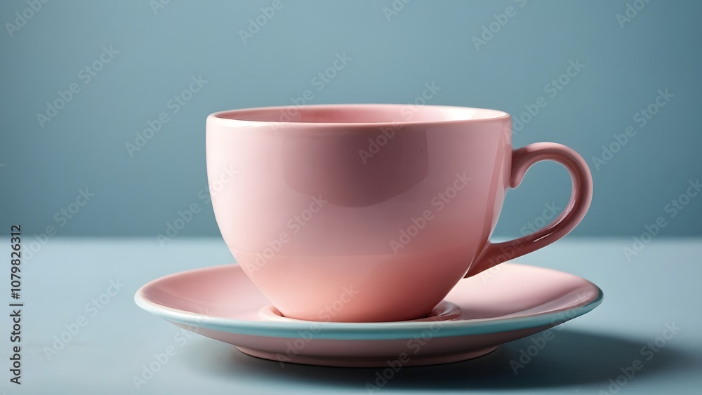 A Pastel Pink Coffee Cup With a Matching Saucer Resting on a Blue Surface in Soft Natural Light A Pastel Pink Coffee Cup With a Matching Saucer Resting on a Blue Surface in Soft Natural Light