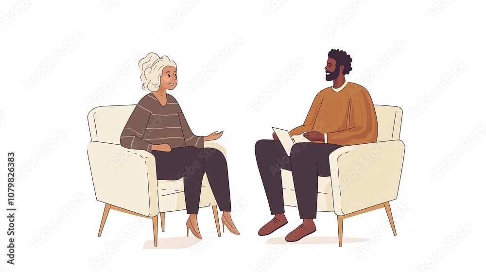 illustration of a therapist and client in a therapy session, depicted in conversation against a white background for clarity. illustration of a therapist and client in a therapy session, depicted in conversation against a white background for clarity.