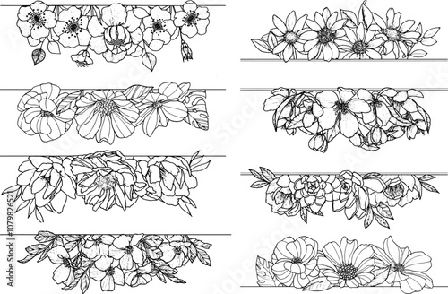 Floral Divider Vector Set - Elegant Line Art Flower Borders for Invitations, Stationery, and Botanical-Themed Designs