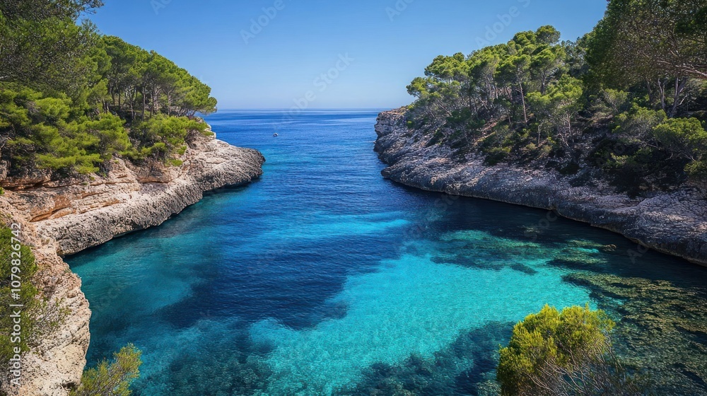 Fototapeta premium A serene coastal view showcasing clear turquoise waters surrounded by lush greenery.