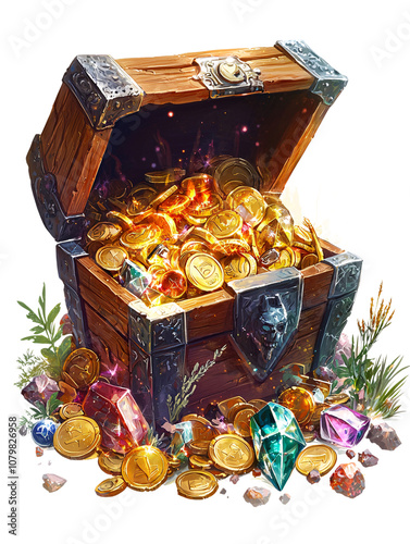 Isolated on a white background, a treasure chest brimming with gold coins, gemstones, and ancient relics perfect for visual storytelling. photo