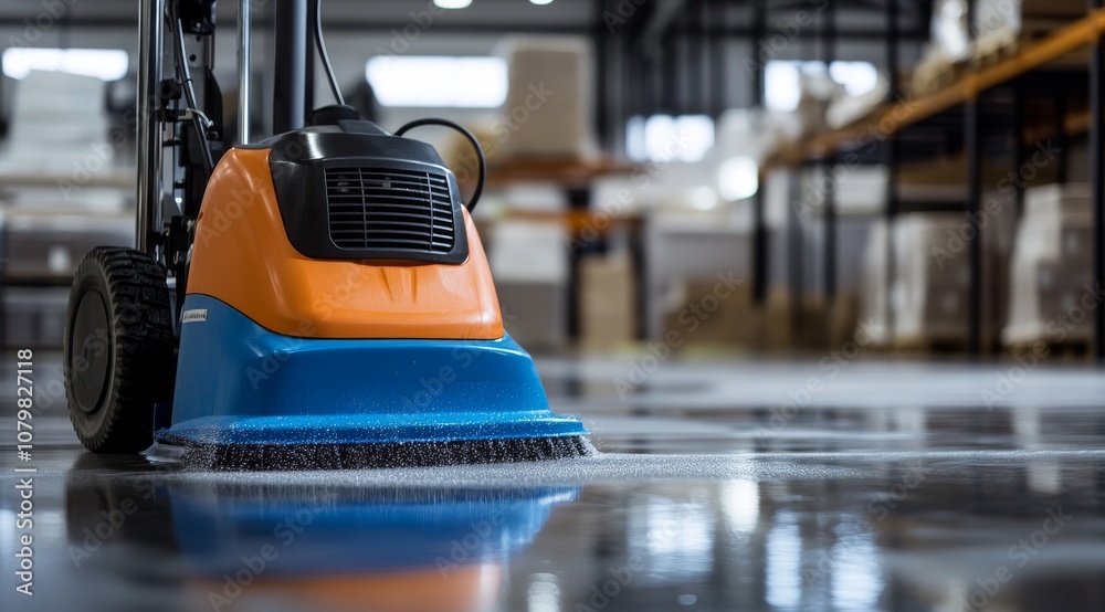 An industrial floor cleaner cleaning the concrete surface at a commercial warehouse. An industrial floor cleaner cleaning the concrete surface at a commercial warehouse.