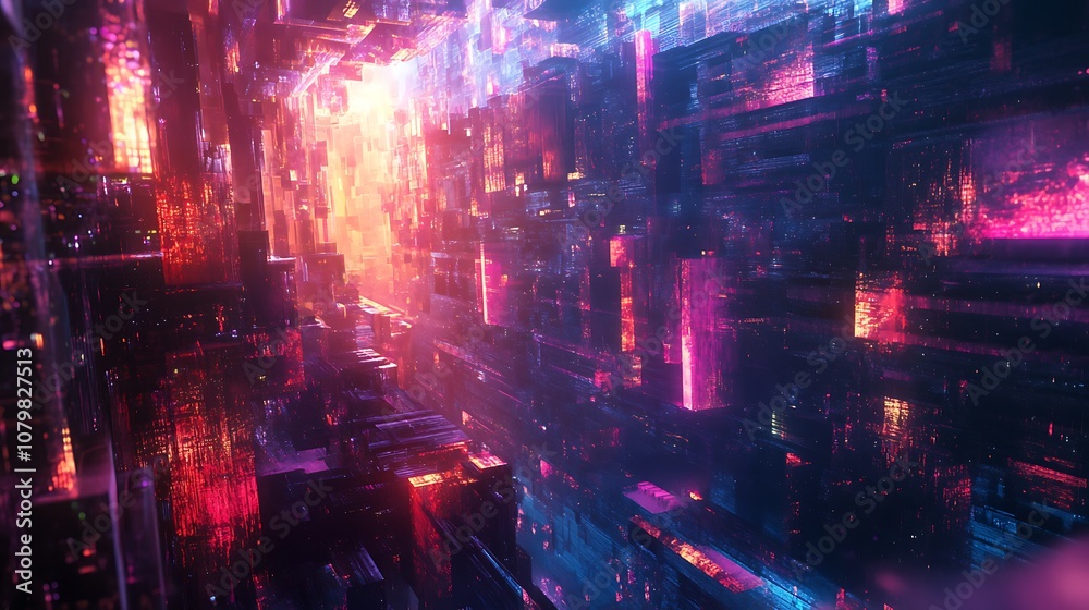 Naklejka premium Futuristic Abstract Digital Cityscape with Glowing Neon Lights Illustration