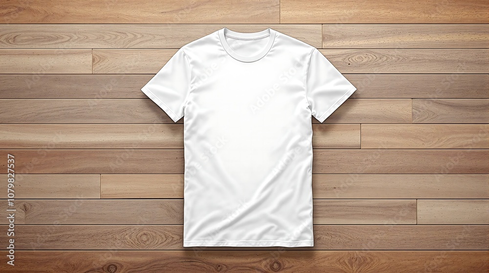 A plain white T-shirt laid flat on a wooden surface, highlighting its simplicity and the contrast between the fabric and the natural wood texture A plain white T-shirt laid flat on a wooden surface, highlighting its simplicity and the contrast between the fabric and the natural wood texture