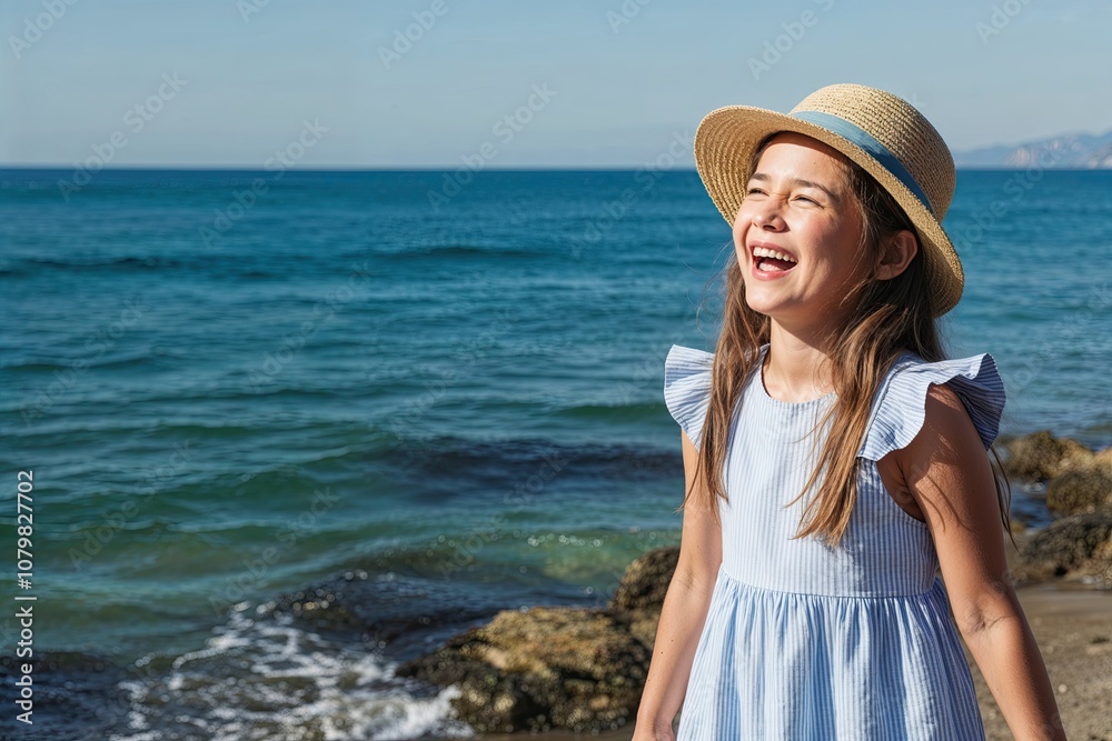 Joyful Girl Wearing Summer Hat Laughing by the Ocean Joyful Girl Wearing Summer Hat Laughing by the Ocean