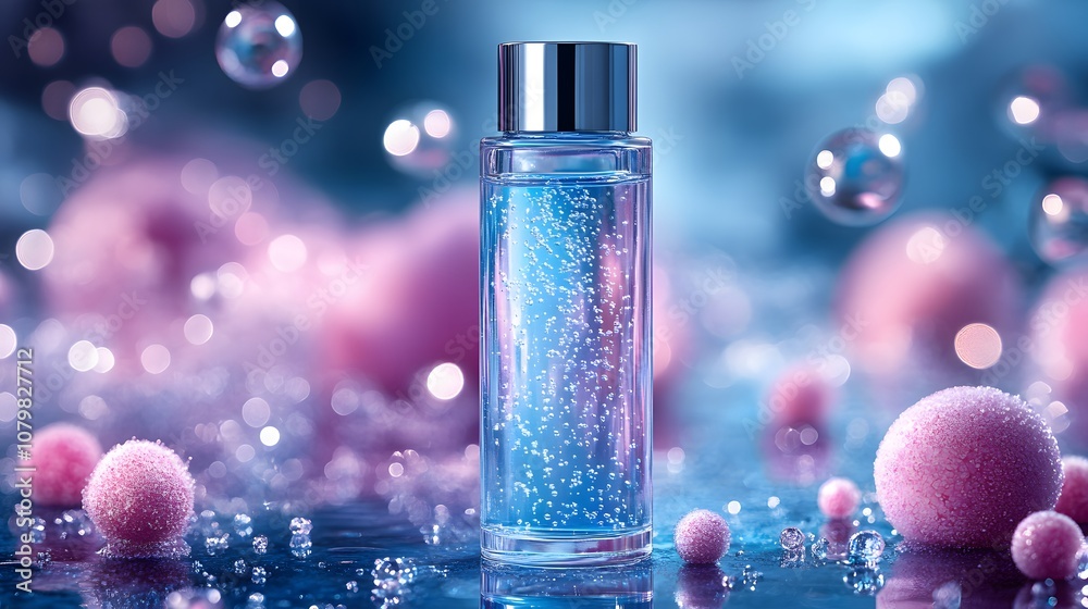 Aesthetic Close-Up of Cosmetic Bottle Surrounded by Colorful Bubbles and Soft Pom Poms in a Dreamy, Blurred Background Aesthetic Close-Up of Cosmetic Bottle Surrounded by Colorful Bubbles and Soft Pom Poms in a Dreamy, Blurred Background