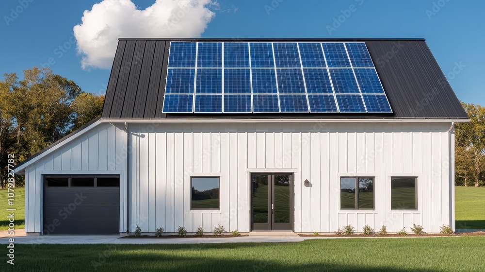 Fototapeta premium Modern home with solar panels and clean design, perfect for showcasing sustainable living and energy efficiency.