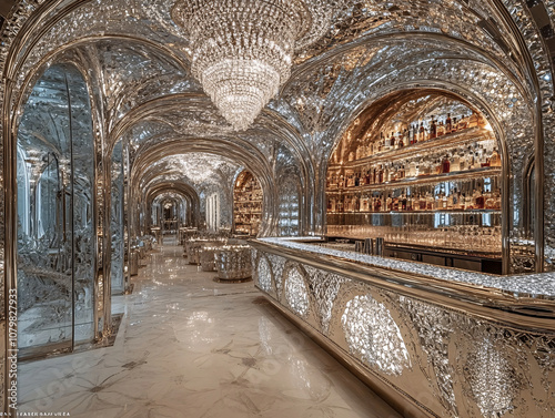 an upscale, luxurious shiny bar with a large, curved glass wall. photo