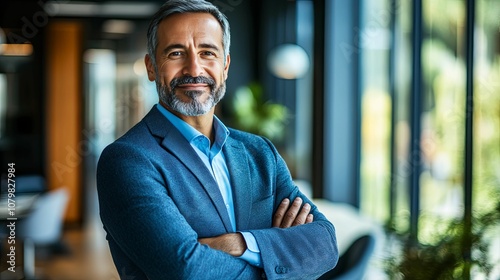 Confident Middle-Aged Man in Blue Suit Standing in Office