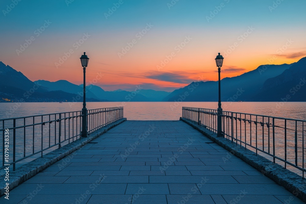 Fototapeta premium A long pier extends into a calm lake at sunset, with mountains in the distance.