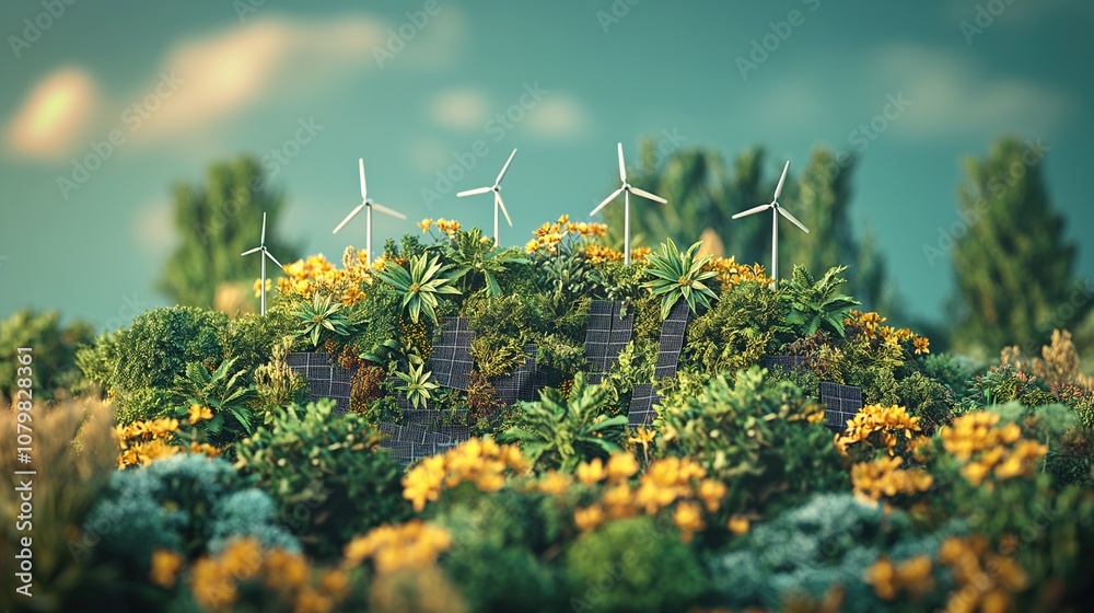 Obraz premium European Union flag created with wind turbines, solar panels, green plants. Sustainability, Environmental Protection,Clean Energy, Reduced Carbon Footprint, European Unity,Innovation, Eco-Consciousnes