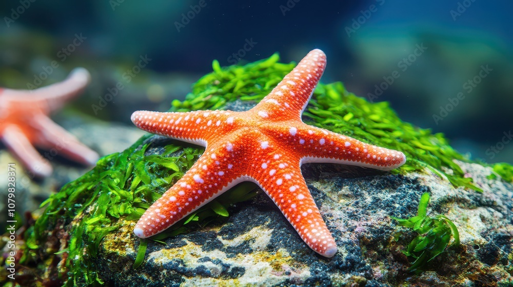 A vibrant starfish rests on a rock covered with green algae, showcasing the beauty of marine life in its natural habitat. A vibrant starfish rests on a rock covered with green algae, showcasing the beauty of marine life in its natural habitat.