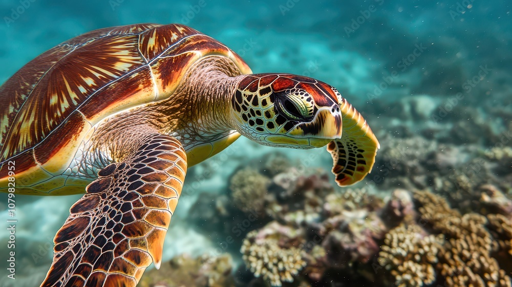 Fototapeta premium A vibrant sea turtle gracefully swimming through crystal clear waters above coral reefs, showcasing oceanic beauty and tranquility.