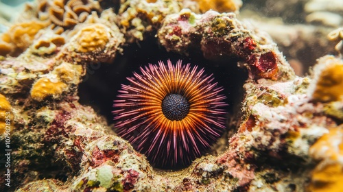 Sea urchin nestled in a coral crevice, a unique sea creature nestled among coral formations.