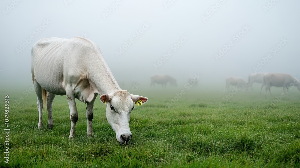 A serene landscape with a white cow grazing in a misty field, embodying tranquility and rural beauty. A serene landscape with a white cow grazing in a misty field, embodying tranquility and rural beauty.