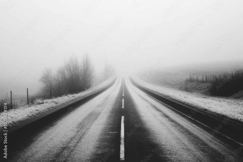 A long, straight road disappears into the fog on a snowy winter day. A long, straight road disappears into the fog on a snowy winter day.