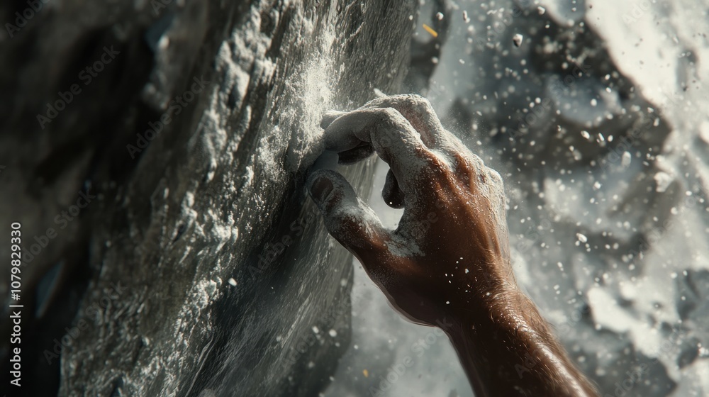 Fototapeta premium Close-up of a climber's hand gripping a rock face, with white chalk powder visible on the fingers and rock.