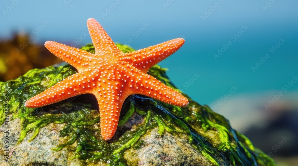 A vibrant orange starfish rests on a rock covered in seaweed, set against a serene ocean backdrop, capturing oceanic beauty. A vibrant orange starfish rests on a rock covered in seaweed, set against a serene ocean backdrop, capturing oceanic beauty.