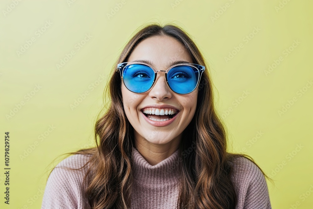 Cheerful Young Woman Wearing Trendy Glasses in Vibrant Background Cheerful Young Woman Wearing Trendy Glasses in Vibrant Background