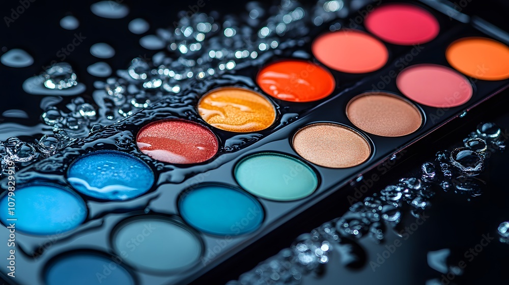 Stunning Array of Vibrant Eye Shadows on Black Surface Surrounded by Water Droplets for Makeup Enthusiasts and Artistic Professionals Stunning Array of Vibrant Eye Shadows on Black Surface Surrounded by Water Droplets for Makeup Enthusiasts and Artistic Professionals