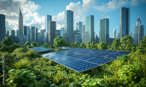 Solar-powered cities with advanced energy systems, sustainable future technology, 3D illustration #1079829927