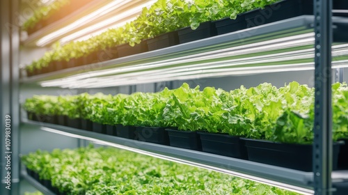 Vibrant indoor garden showcasing healthy greens in a hydroponic system with bright lights enhancing growth.