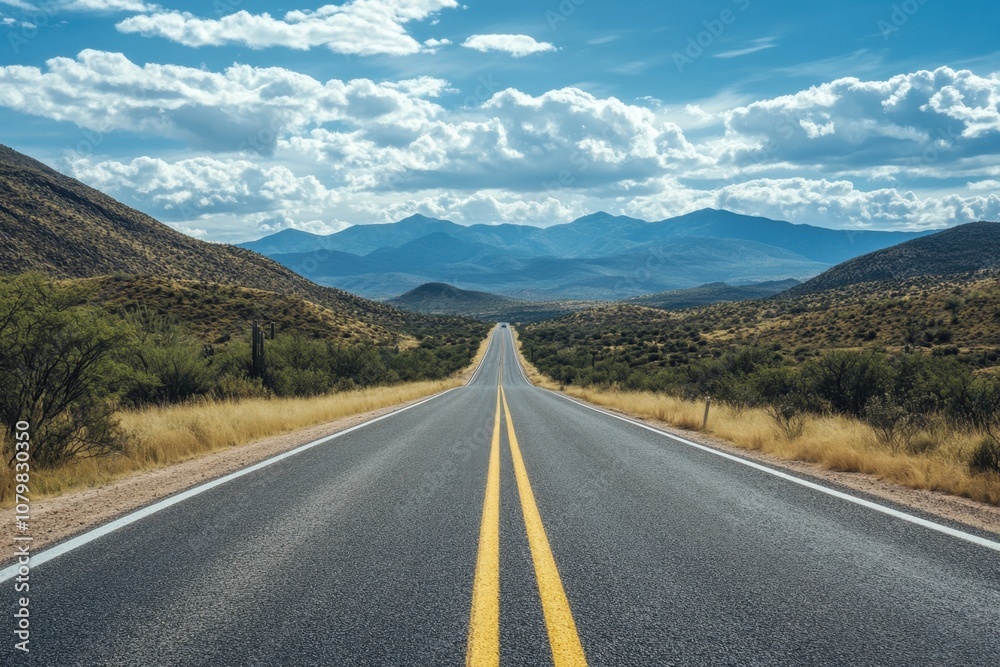 Naklejka premium A long, straight road leads through a desert landscape towards a mountain range under a blue sky with clouds.