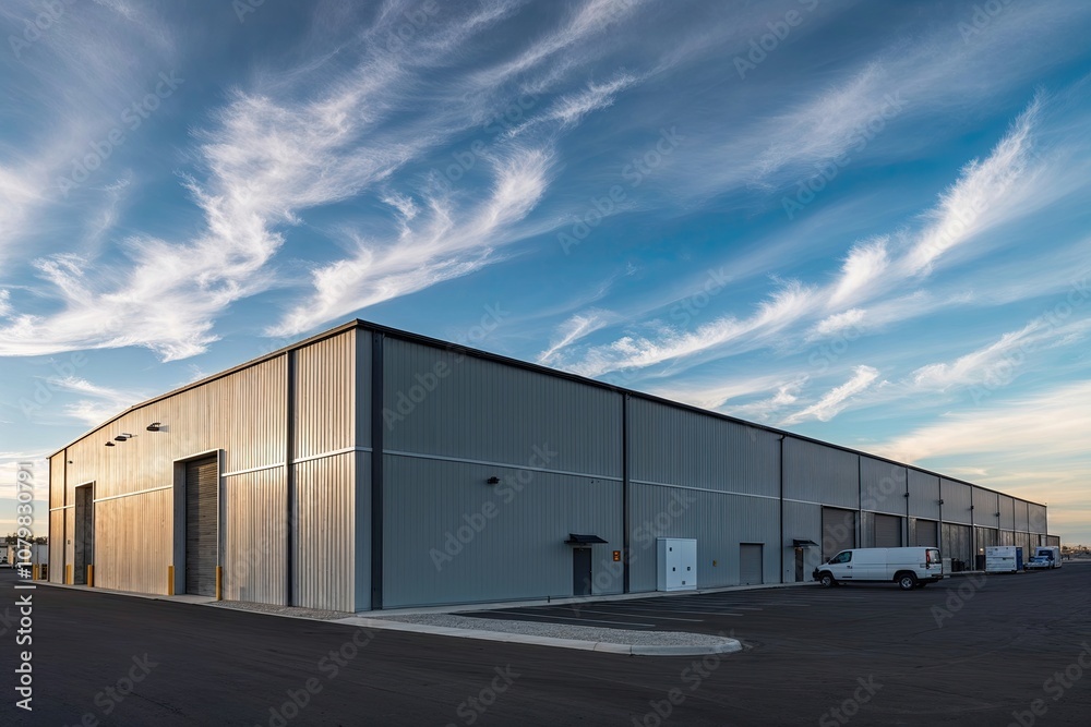 Fototapeta premium Contemporary Warehouse and Supply Depot Beneath a Calm Blue Sky