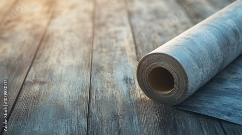 Close-up of a roll of vinyl floor covering laying on a wooden parquet floor.