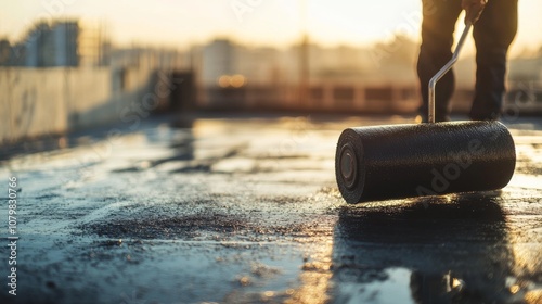 Worker applying polyurethane paint to the roof of an industrial building with black bitumen material on top, using a roller.