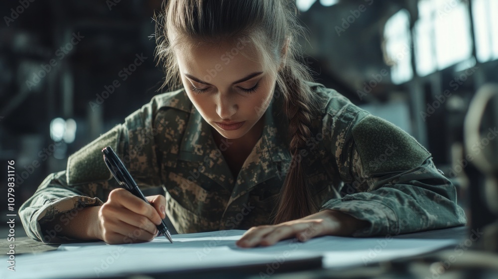 A woman in a military uniform is writing on a piece of paper A woman in a military uniform is writing on a piece of paper