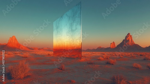 Desert Landscape with Reflective Monolith