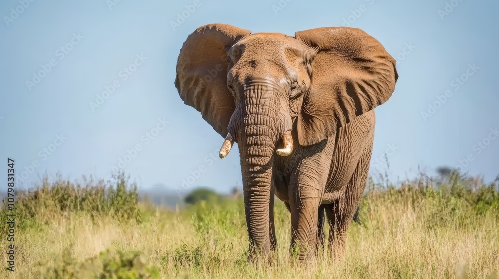 Fototapeta premium Majestic Elephant Standing Proudly in Natural Habitat with Flapping Ears and Graceful Posture Against a Clear Blue Sky in Savanna Landscape