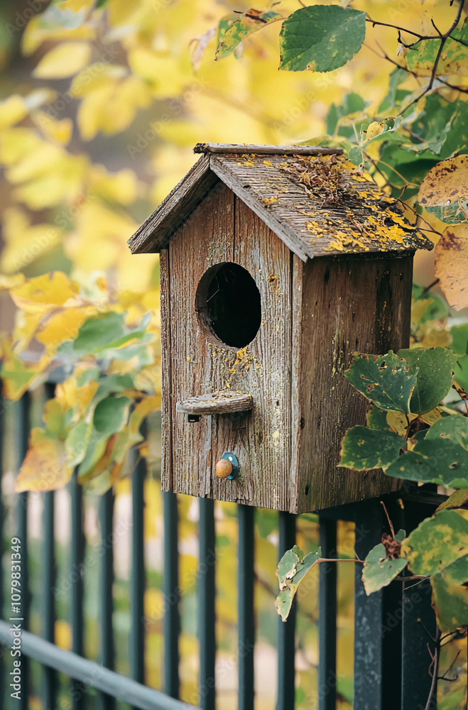 A birdhouse with a small bird inside of it A birdhouse with a small bird inside of it