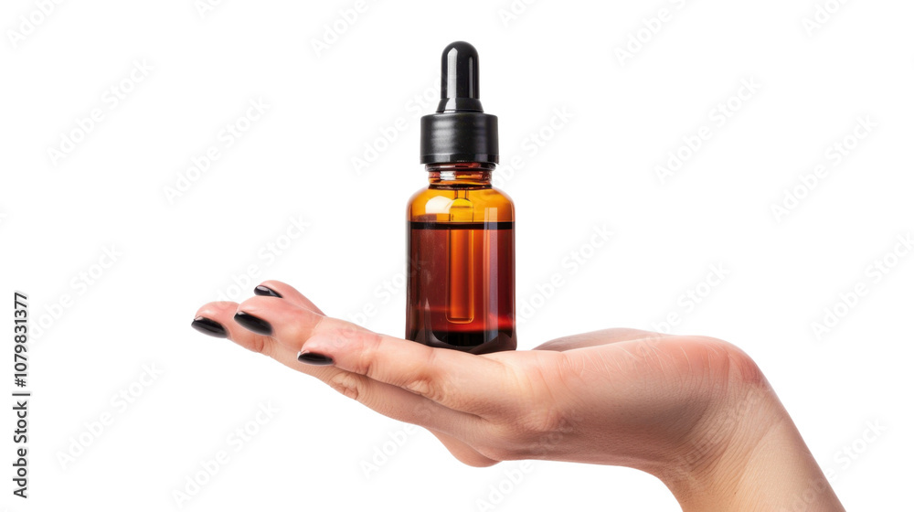 Female hand holding serum oil product on white transparent background






