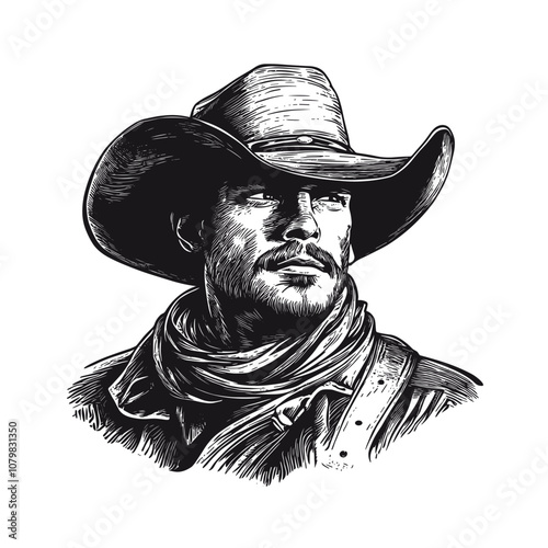 Portrait of a Cowboy handsome young attractive man Wild west cowboy vector illustration. Vintage wild west cowboy sketch. Hand drawn western cowboy