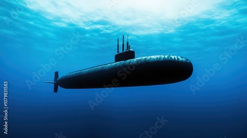 A sleek submarine glides silently through the deep blue ocean, showcasing advanced marine technology and underwater exploration.