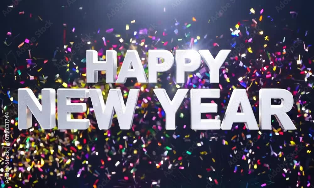 Happy New Year text with a confetti burst that spreads outward as the text appears. Each letter shines briefly with a silver effect, capturing the excitement of New Year’s Eve Happy New Year text with a confetti burst that spreads outward as the text appears. Each letter shines briefly with a silver effect, capturing the excitement of New Year’s Eve