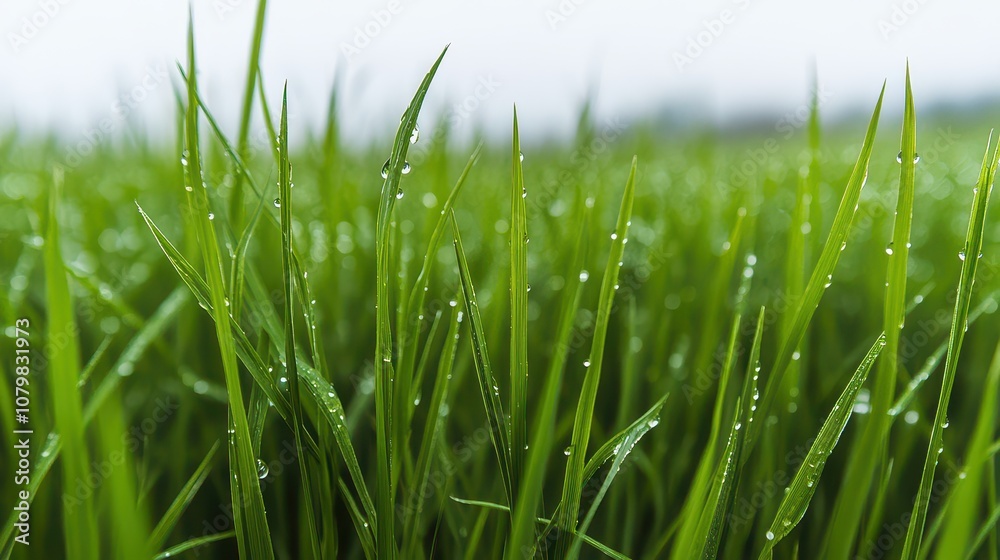 Obraz premium Close-up of vibrant green grass blades glistening with dew drops, capturing the freshness of nature in the early morning light.