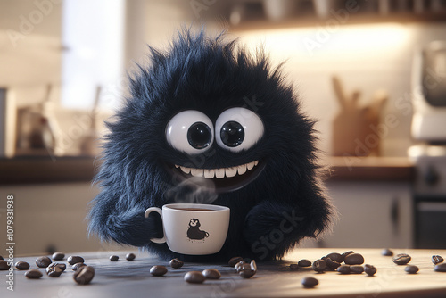 A cute black furry monster is sitting on the table, holding a cup of coffee in his hand and smiling happily with big eyes. Brown coffee beans are scattered around him. photo