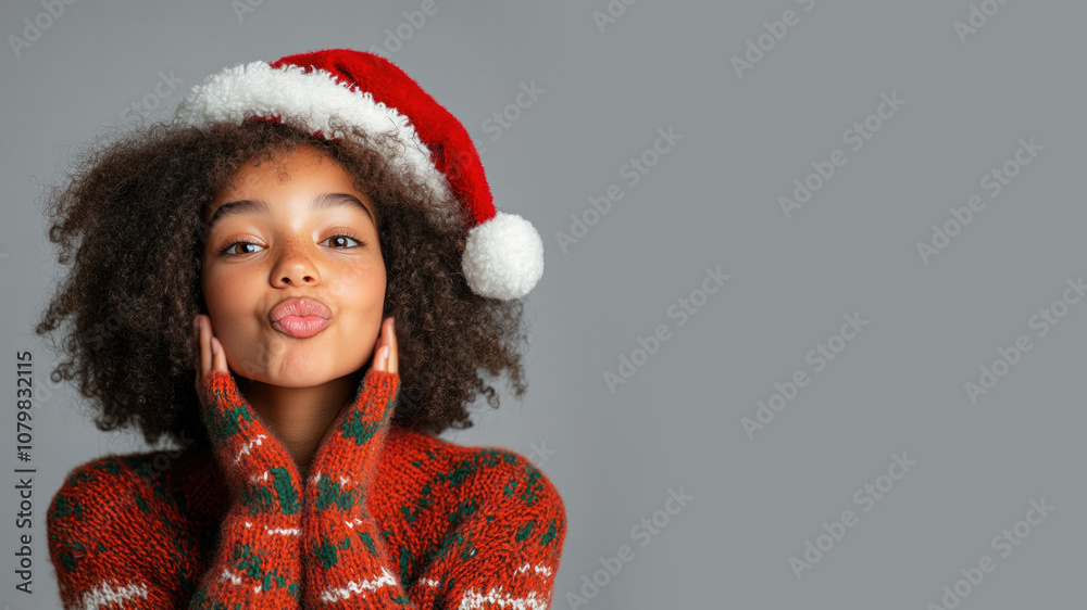 Afro girl student blowing a kiss in christmas wear and santa hat isolated on gray