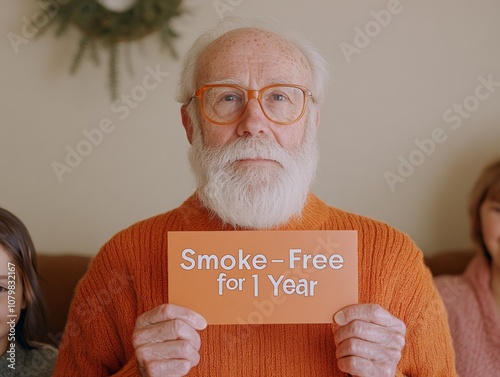 Celebrating Great American Smokeout Elderly Man Achieves Smoke-Free Milestone in Warm Holiday Family Setting photo