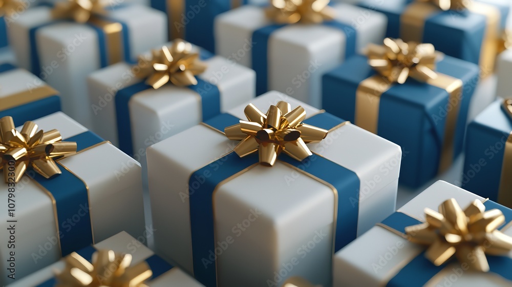 A collection of white and blue gift-wrapped Christmas boxes on a white background. A collection of white and blue gift-wrapped Christmas boxes on a white background.