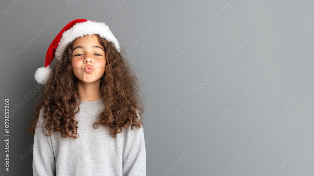 Australian girl student blowing a kiss in christmas wear and santa hat isolated on gray Australian girl student blowing a kiss in christmas wear and santa hat isolated on gray