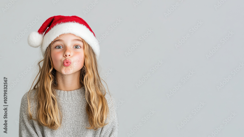 Australian girl student blowing a kiss in christmas wear and santa hat isolated on gray Australian girl student blowing a kiss in christmas wear and santa hat isolated on gray