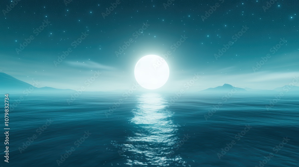 Captivating Full Moon Shining Through Calm Waters with Gentle Waves and Stars in the Night Sky, Creating a Dreamy and Ethereal Atmosphere Over the Ocean Captivating Full Moon Shining Through Calm Waters with Gentle Waves and Stars in the Night Sky, Creating a Dreamy and Ethereal Atmosphere Over the Ocean