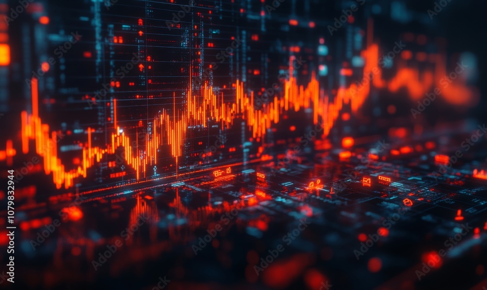 Stock chart with financial icons floating around it, showcasing market dynamics, 3D illustration Stock chart with financial icons floating around it, showcasing market dynamics, 3D illustration