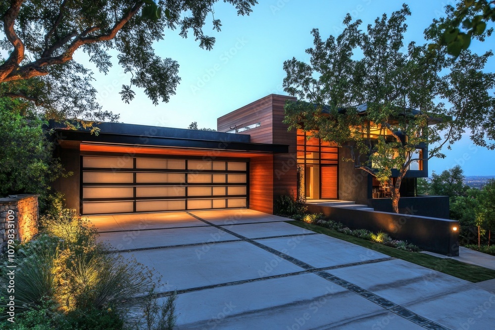 Modern two car garage with black steel doors. Modern two car garage with black steel doors.